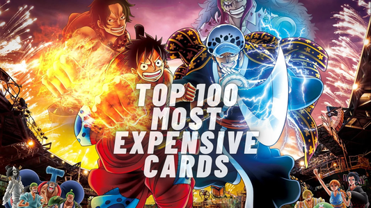 One Piece TCG characters with 'Top 100 Most Expensive Cards' text and dramatic background.